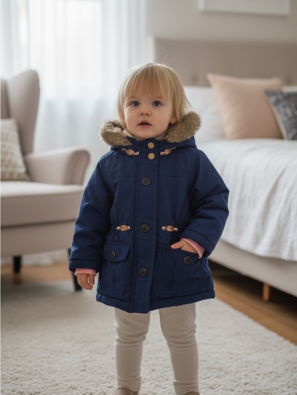 Carter's Navy Blue Hooded Pea Coat with Faux Fur Trim